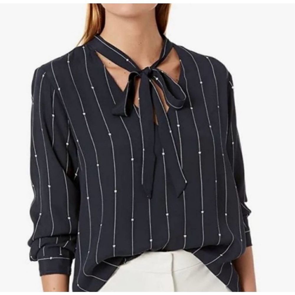 Rails Rhea navy white striped stars tie neck S rayon blouse